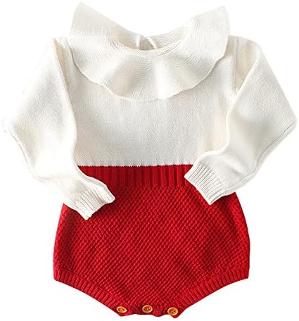 Alleppa NewborN Baby Girls Long Sleeve Patchwork Onsie Knitted Sweater Ruffle Falbala Neck Casual Jumpsuit Romper -  Red - 