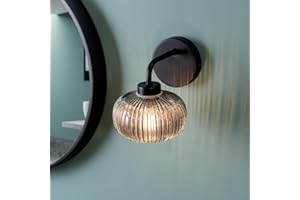 ValueLights | Matt Black Wall Light Fitting with Smoked Ribbed Lampshade | Bath Wall Lights, Home Décor & Improvement Essential | Includes Bulb