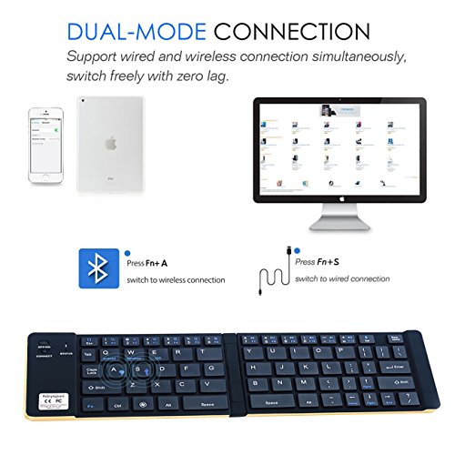 Portable Faltbare Bluetooth Wireless & USB Wried Dual Mode Keyboard Ultra-Slim Full-Size Mini Bluetooth Tastatur Für Android, IOS, Windows, Mac OS, iPhone 7/7 plus / 6plus / 5, iPad / iPad Luft / iPad Mini & Tablet (Golden) - 6