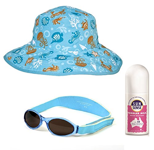 BabyBanz Beach pack, Babybanz Aqua sunglasses, Aqua UV Bucket Hat, Sun Sense SPF50+ sunscreen 0 - 2 years