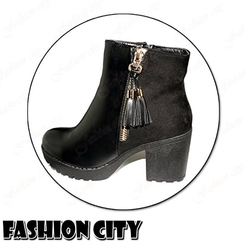 New Ruth Ladies Womens Gold Zip Tassel Mid Heel Ankle Chelsea Smart Work Boots (UK:{8}, Black)
