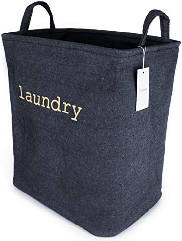 Household Denim Collapsible Small Size Laundry Hamper with Two Handles, Heavy Duty and Durable, Collapsible and Self Standing as Laundry Basket (15.8 x 10.2 x 14 inch) (Denim)