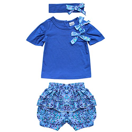 TiaoBug Baby Girls Outfits Bowknot Top T-Shirt Shorts Pants with Headband Clothing Set 6-12 Months Blue
