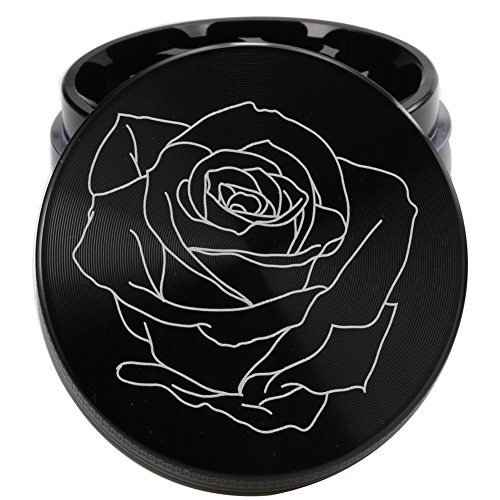 DCOU neue Design Premium Krautmühle mit Siebgrinder bruchfester Aluminium Tabak Mahler Crusher Gewürze mit Blumen auf dem Deckel Magnetisch Ø63mm 4-teilig Schwarz - 3