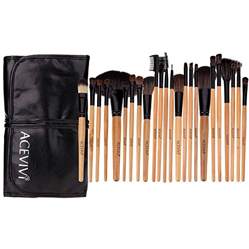 ACEVIVI Professional 24 pcs Original Wooden Handle Natural Soft Makeup Brushes Set with Pouch Bag