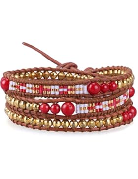 KELITCH Gold Legierung Perlen und Rot Koralle Stein Rocailles Perlen Leder Armband Freundschaftsarmbänder