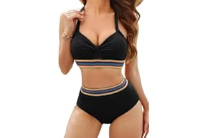 JASAMBAC Womens Bikini Sets Front Cross& Key Hole Bikini Tops & High-Waisted Bikini Bottoms Soft Rib Swimsuit Push UP Swimming Costume Color Block Swimwear Bathing Suits with Adjustable Shoulder Strap