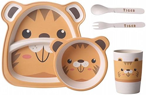 XHW Bamboo Fiber Children 'S Dinner Set Set Grid Cute Cartoon Rice Bowl Baby Eat Cutlery Separate Shatter-Resistant Plate,C