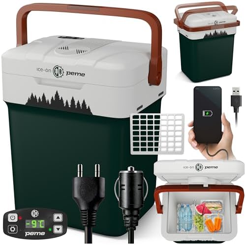 peme Essential Frigo Portatile 25,7L - Frigorifero Elettrico con Funzione Caldo/Freddo, Doppia Alimentazione 12V & 220-240V, Modalità Eco, Porta USB, Chiusura di Sicurezza, per Auto, Camper, Campeggio