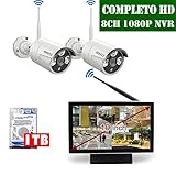 【2019 Nouveau】Kit Caméra Vidéo Systeme Surveillance WiFi Sans Fil Exterieur, Système de Sécurité Caméra Enregistreur Vidéo Surveillance, 2 Pcs 1080P Caméra, Moniteur de 10 Pouces de 1TB Disque Dur