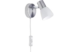 Lightbox Foco decorativo de pared – Foco de pared con cabezal giratorio – Cable de alimentación con interruptor – metal/cristal hierro/cromo y blanco