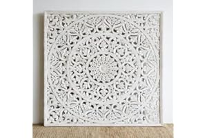 Cribel Maya Decorazione da Parete in Legno Intarsiato Bianco Antichizzato, Pannello decorativo per Living, Soggiorno, Ingresso e Camera da Letto