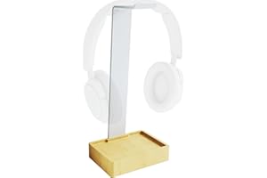 KD Essentials - Stojak na słuchawki i uchwyt na słuchawki, bez plastiku, wykonany z niezwykle wytrzymałego białego metalu i bambusa - Praktyczny uchwyt chroni słuchawki i zapewnia porządek na biurku