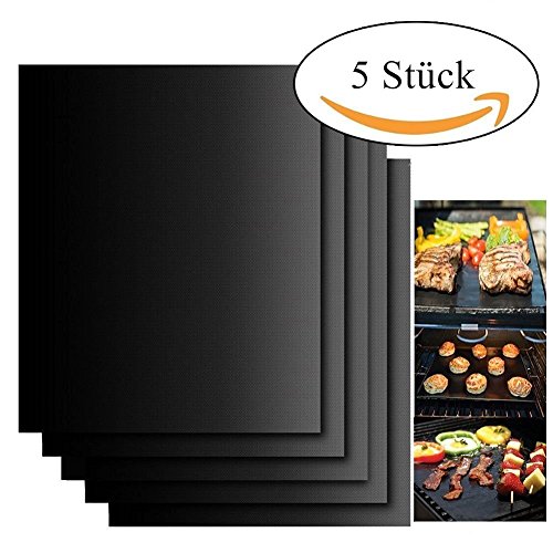 BBQ Grillmatte 5er Set zum Grillen und Backen aus Silikon mit Teflon Antihaftbeschichtung für bis 380°C,ideal fuer für Holzkohle Grill, elektronisches Grill, Backofen, Dampf-Backofen, Mikrowelle, 33x40CM