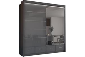 MN FURNITURE High Gloss & Mirror Sliding Doors Wardrobe with Long Led Light and Bottom Draw (Grey, 208cm)