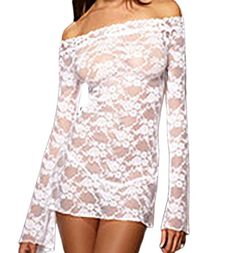 Preisvergleich Produktbild ZEZKT Lace Schulterfrei Bell Sleeve Gymnastikanzug Body Teddy Dessous Nachtwäsche Babydoll Strappy Kleid Negligee Nachthemd Sleepwear Nightdress Schlafanzug Unterwäsche (One Size, Weiß)