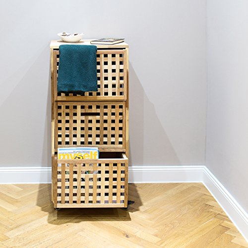 Relaxdays Rollcontainer Holz mit 3 Fächern Walnuss HBT: ca. 91,5 x 40,4 x 40,4 cm Utensilienwagen Rollregal Wäschebox Holz Schrank rollbarer Schubladenschrank, natur - 2