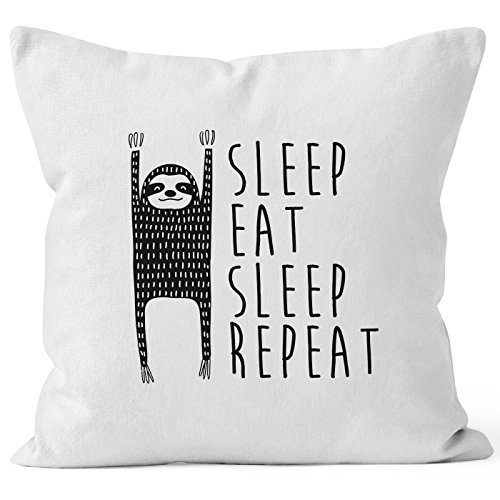 lustiger Kissenbezug Sleep eat Sleep Repeat Faultier Kissen-Hülle 40x40 Baumwolle Moonworks® weiß 40cm x 40cm