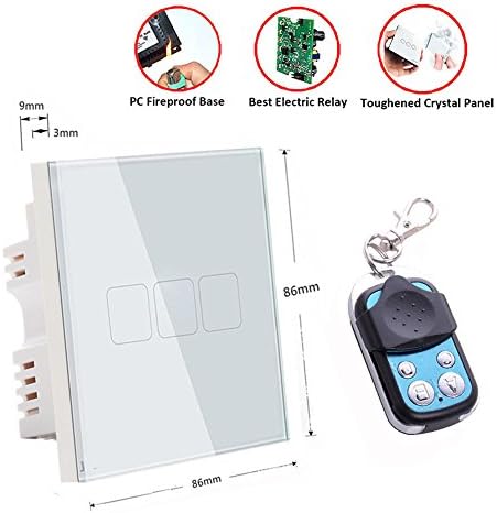Smart Touch Screen Switch, White UK Standard Touch Panel Remote Control Smart Light Wall Switch 3 Gang 1 Way Crystal Glass Panel Home Wall Light Switch Only Live &amp; Firing Wiring
