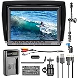 BIEN DISEÑADO: Entradas incorporadas de VIDEO / AUDIO / HDMI, adecuadas para varias señales diferentes; Operación de seguridad y consideración con un diseño de estructura excelente (bloqueo HDMI y bloqueo de batería); montaje de zapata caliente y parasol incluido