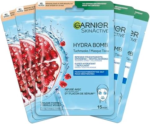 Garnier SkinActive Hydra Bomb Maschera per panno, idratante intensamente e rivitalizzante, con acido ialuronico ed estratto di melograno, 5 x 28 g
