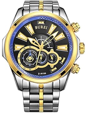 Burei® Herren Luminous Chronograph Analoge Armbanduhr mit zweifarbigen Armband, Goldfarbene / Blaue Lünette, Schwarzes...