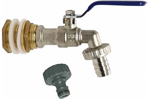 BEKINDPRO Regentonnendurchführung mit Auslaufhahn 3/4 Zoll Kugelauslaufhahn Messing Wasserhahn Garten mit Schlauchanschluss für Regentonne, Wassertanks, Zisternen, Fässer (3/4 Zoll)