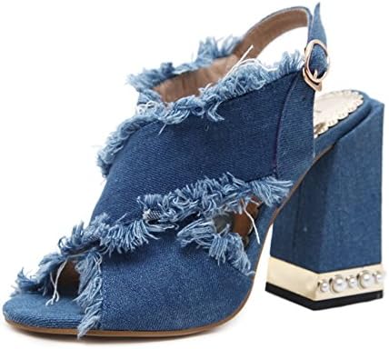 TMKOO 2018 New Women's High Heels Spring Summer Open Toe Sandals Denim Women's Shoes Work Shoes Trends Wild Women's Shoes (Color : Blue, Size : Us7.5/eu38/uk5.5/cn38)