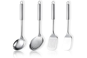ReaNea Juego de utensilios de cocina de acero inoxidable de 4 piezas que incluye juego de espátula de metal, espumadera de cocina, cucharón de sopa esenciales para el nuevo hogar debe tener