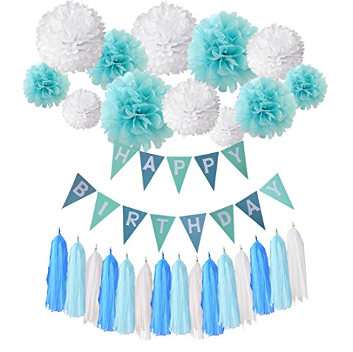 Happy Birthday Girlande Set, Wartoon Habby Birthday Alles Gute Zum Dekoration Deko Geburtstag Girlande Quasten Girlande Geburtstag und Pompoms Quaste für Geburtstag Dekoration(Blau und Weiß)