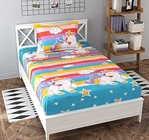 Apala Beautiful 240 TC Polycotton Gold Unicorn Design One Single Bed Sheet with 1 Pillow Covers (Bedsheet Size 90x60 Inch)( Pillow Cover Size 18x28 Inch) (Multicolor)