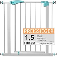 IB-Style - BERRIN Treppengitter / Türgitter zum Klemmen| Erweiterbar durch Verlängerungen | 75 - 175 cm | Auto-Close - automatisches Schließen | Tür mit 90° Stop-Funktion | Einhand-Bedienung | Öffnen in beide Richtungen möglich | Metall Weiß-Türkis