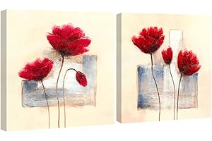Wieco Art - Charming Spring Modern 2 Panels Stretched and Framed Giclee Canvas Prints Artwork Abstract Floral Oil Paintings Style Picture Photo on Canvas Wall Art for Bedroom Home Decorations 2pcs/set
