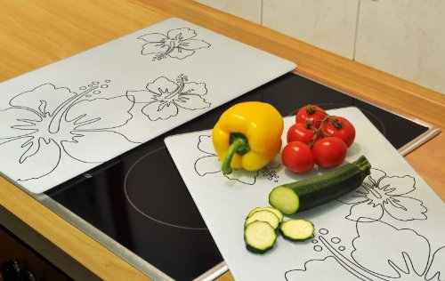 Gravidus 2x Herd Abdeckplatte aus Glas weiß mit Blumen