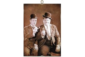 KUSTOM ART Quadro Quadretto Stile Vintage Stanlio & Ollio (Stan Laurel & Oliver Hardy) Da Collezione Stampa Su Legno 25x18 cm