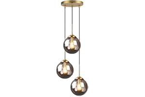HJXDtech Verre Suspension Luminaire Vintage Industrielle, Plafonnier avec fini en laiton poli Lustre Suspension Lampe de Salle à Manger Cuisine Salon Chambre (Gris, Ensemble 3 en 1)