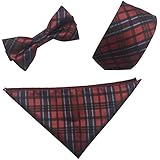 Men's Fashion Polyster 2.4'' Skinny Neck ties and Pre-tied Bowtie Pocket Square 3pcs Set (Red and Black Plaid)