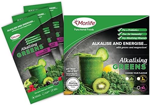 Morlife Alkalising Greens Acai Raspberry Handy Pack 14 x 10g - 21 Super Greens, Fruits and Vegetables, Pre &amp; Probiotics, Key Alkalising Minerals, Vegan Greens Powder, 14 single serves