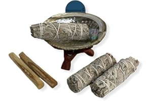 NessaStores 7 pc Sage Smudge Kit with Palo Santo Sticks, White Sage Smudge Sticks, Abalone Shell, and Wooden Tripod Stand Stand for Home Cleansing, Stress Relief & Meditation JC-211