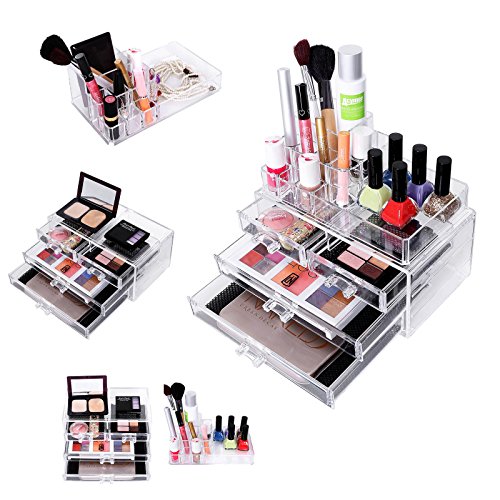 Songmics Acryl Kosmetik aufbewahrung Organizer Schubladen 24 x 13,5 x 18,5 cm 2 Ebenen 4 Schubladen große JKA001 - 6