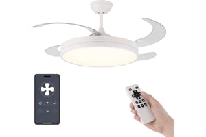 TODOLAMPARA.COM VENTILADOR TECHO LED APP MOVIL FACIL MONTAJE TECHO DC LED ATENUABLE RETRACTIL 4 ASPAS - Opción Sin Pitido, Temporizador, Invierno Verano, 3 Tonos, Modo Brisa, Bajo consumo (Blanco, 107D)