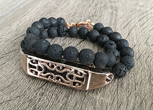 Preisvergleich Produktbild Schwarz doppelt gewickelt Lava Steine Armband für Fitbit Flex 2 Tracker handgefertigt natürlichen vulkanischen Perlen Band Rose Gold Metall Gehäuse Fitbit Flex 2 Accessory Jewelry Aromatherapie Armband 12,7 cm Größe