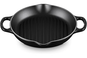 Le Creuset Gril rond profond en fonte émaillée Signature avec poignée d'assistance, 25 cm, Noir Mat, 20208250000422, 9.75"