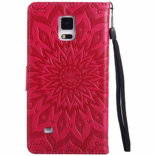 Galaxy Note 4 Hülle, Dfly Premium Slim PU Leder Mandala Blume prägung Muster Flip Hülle Bookstyle Stand Slot Schutzhülle Tasche Wallet Case für Samsung Galaxy Note 4, Rot - 3