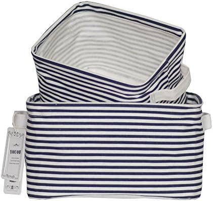 YOUOR Linen Cotton Fabric Foldable Storage Bins Basket Organizer for Shelves & Desks - Set of 2 (Dark Blue)