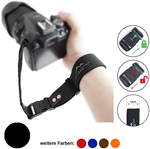 Neoprene Camera Hand Strap EXTRA WIDE / Click with LOCK / BLACK / REAL LEATHER Connectors / Camera Strap Wrist Strap Carrying Strap / by MIND CARE ESSENTIALS