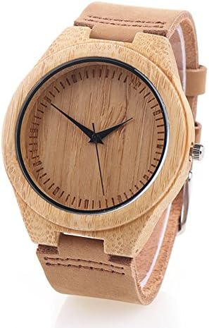 Bamboo Wooden Watch, Unisex Cowhide Leather Strap, Japan Quartz Movement Casual Watch