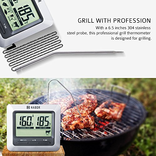Habor Grillthermometer, Ofenthermometer, Bratenthermometer, Barbecue Grill Thermometer, digital Thermometer mit großen LCD Display, lange 304 Edelstahl Probe für Garten Grillen, Backen, Ofen, Kochen, Steak usw. - 5