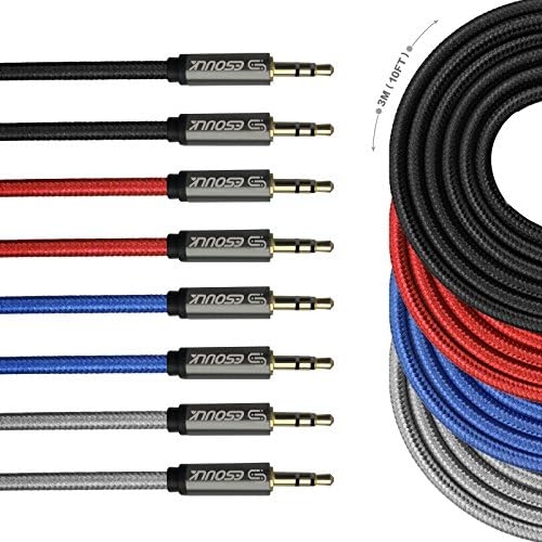 Tangle-Free Male to Male 3.5mm Auxiliary Cable [10ft] Gold Plated Connectors for Apple, Android Smartphones,Tablet,MP3 Players and more (Red+Blue+Black+Grey [4-Pack])