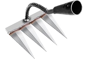 SUNSIOU Garden Harke, Rechen Garten Unkrauthacke, Unkraut Entferner Gerät, Gartengeräte, Rasenrakel Grabegabel, Multifunktional Gartenwerkzeug 4 Zahnstahl Kohlenstoffstahl, für Jäten/Lockern/Säen (ohne Stock)